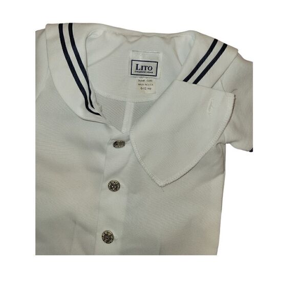 NWOT Lito Children's Wear Boys White Sailor Suit Shortall Romper with Hat 6-12M - Picture 5 of 11